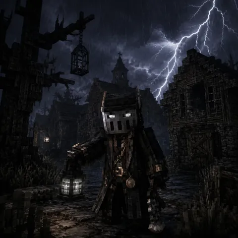 Night hunter exploring a village during a storm.