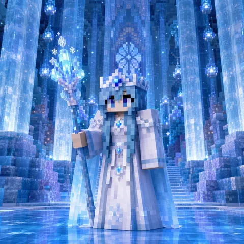 Ice sorceress inside a frozen palace.