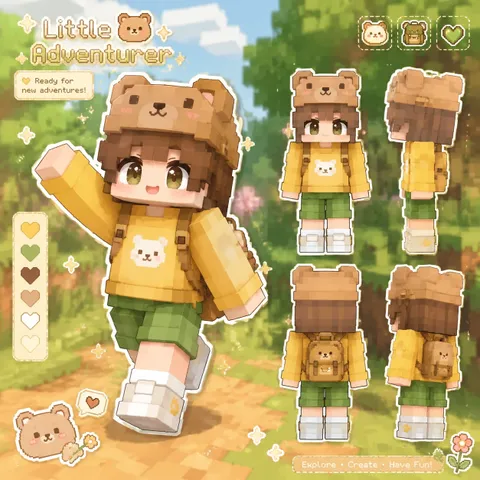 Little adventurer wearing a bear hat and backpack.
