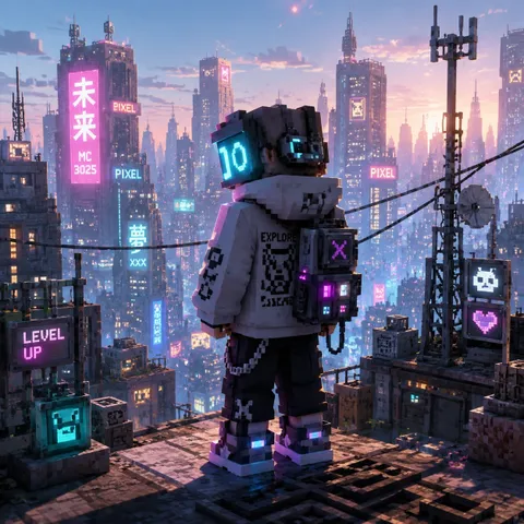 Futuristic courier crossing the rooftops of a megacity.