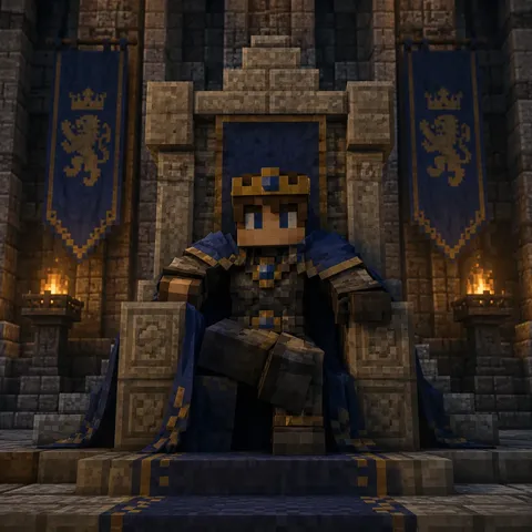 Warrior king in dark armor seated on a stone throne.