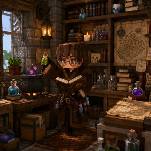 Medieval alchemist surrounded by potions, books, and maps.