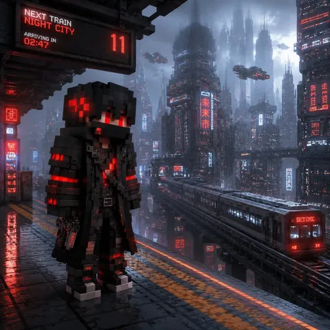 Cyberpunk mercenary waiting at an elevated train station.