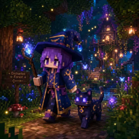 Anime sorcerer with a magical cat in an enchanted forest.