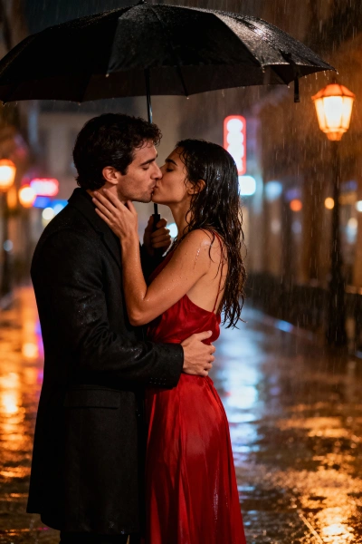 Couple kissing in the rain with an umbrella