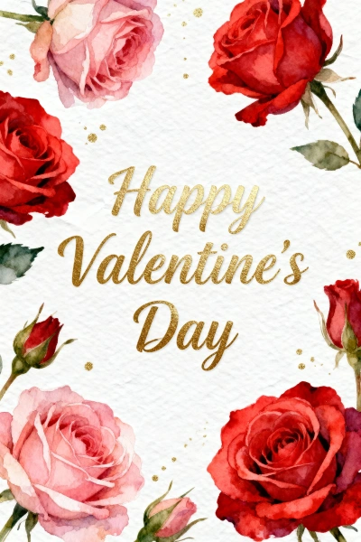 Watercolor Valentine's Day card with roses and gold
