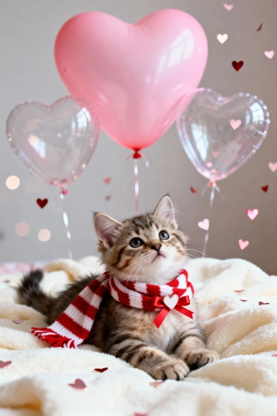 Kitten with heart balloons and confetti