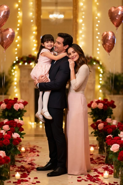 Romantic family with a daughter and rose and balloon decor