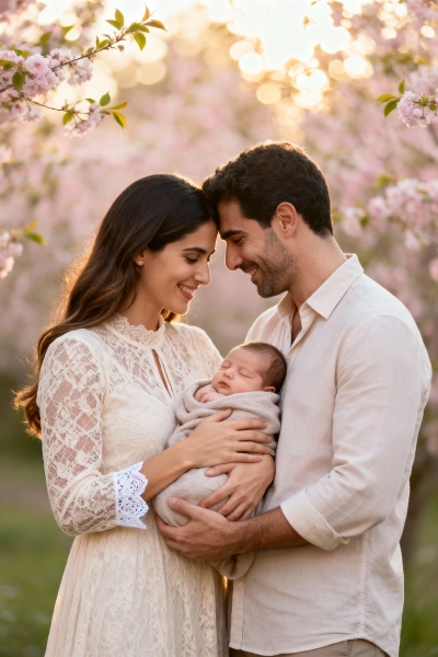 Family with a baby in a pale pink flower garden