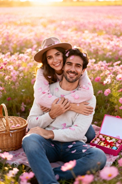 Couple hugging in a sea of pink flowers