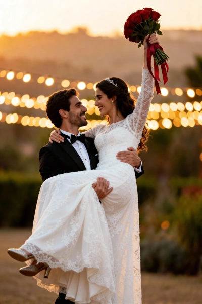Couple in arms at sunset with a lace dress