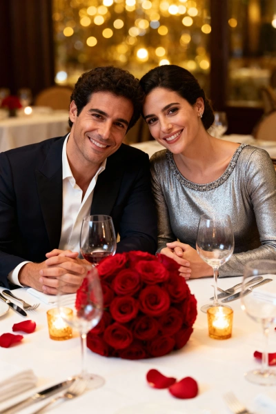 Romantic dinner with lots of red roses in a restaurant