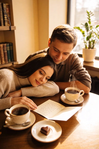 Couple in a café with a love letter and chocolate