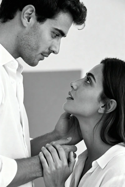 Black and white portrait of a couple looking at each other