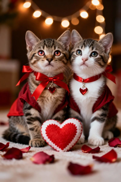 Two kittens with red bows in a romantic setting