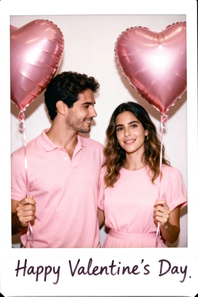 Polaroid couple photo with heart balloons