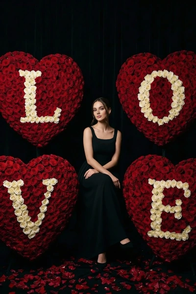 Rose hearts spelling LOVE in a dark studio