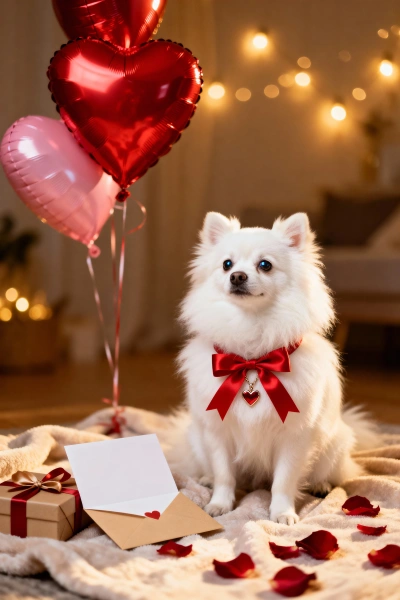 White puppy with roses and heart balloons