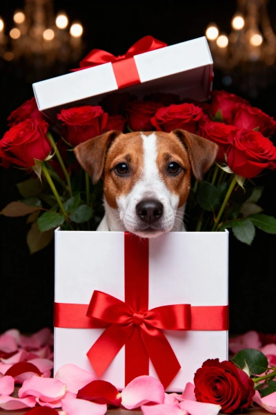 Puppy in a gift box surrounded by roses