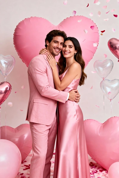 Couple on a pink set with balloons and confetti