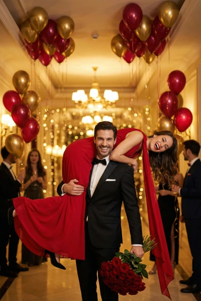 Man carrying his partner in a hotel hallway with roses