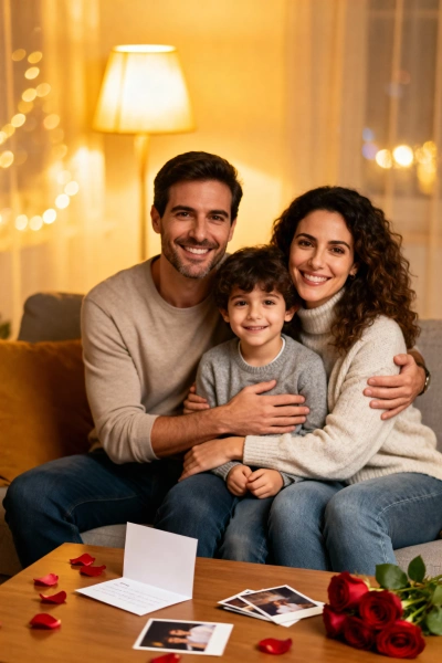 Family on a sofa with a love letter and printed photos