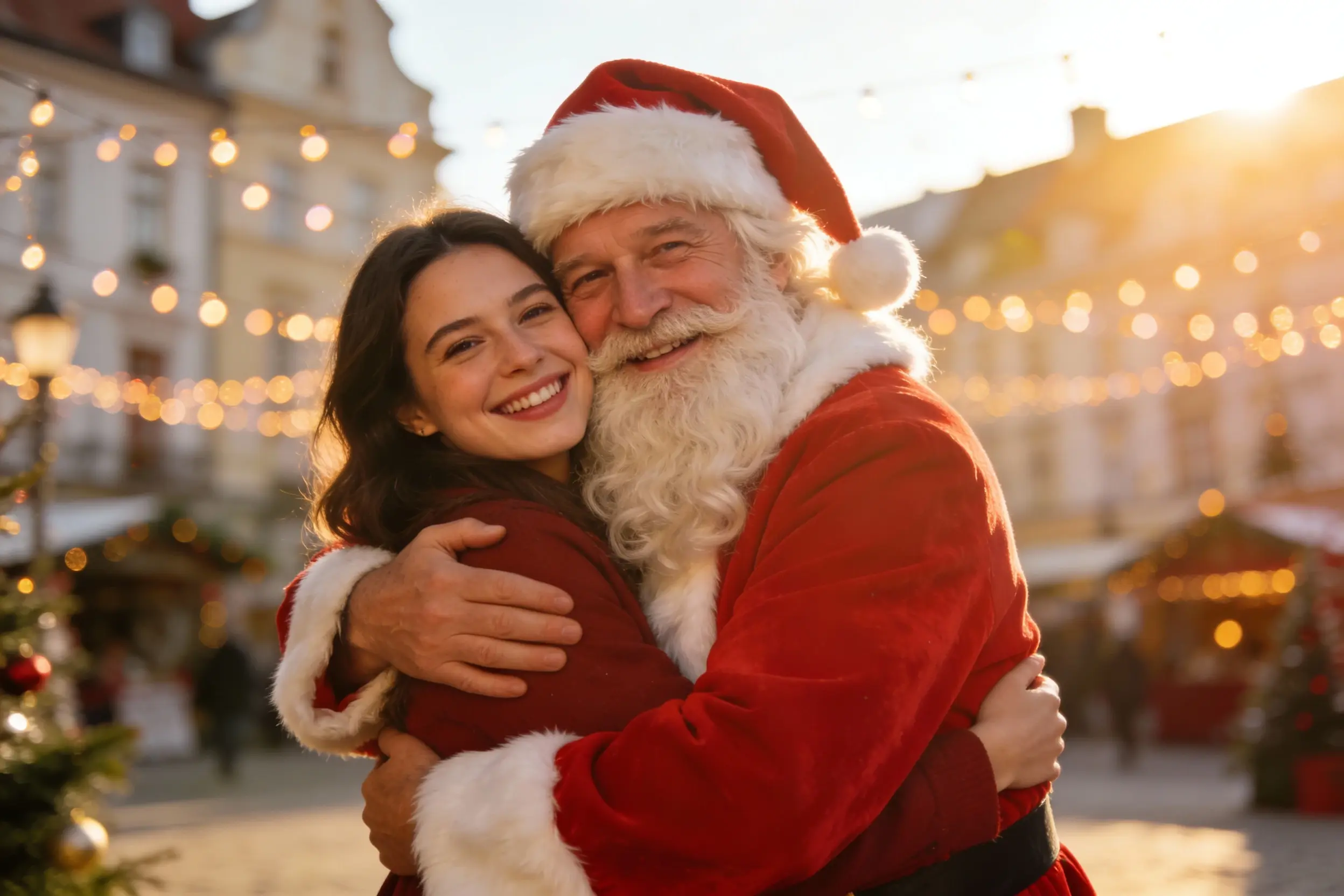 Video navideño generado por IA mostrando a una persona abrazando a Santa para saludos festivos