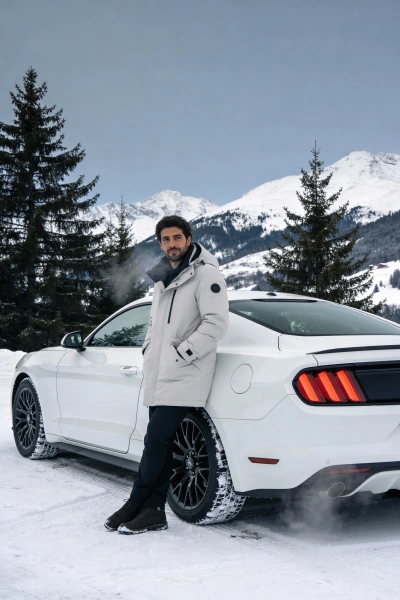 White sports car on snow with mountains in the background