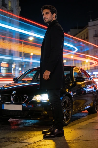 Man next to a black BMW in a neon lit night city