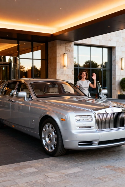 Woman stepping out of a silver Rolls-Royce in front of a luxury hotel