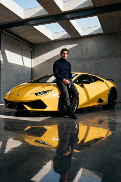 Yellow Lamborghini in a minimalist garage with dramatic light
