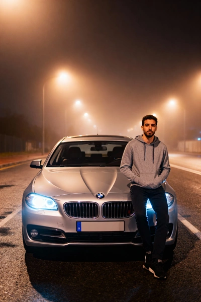 Silver BMW at night with a man sitting on the hood