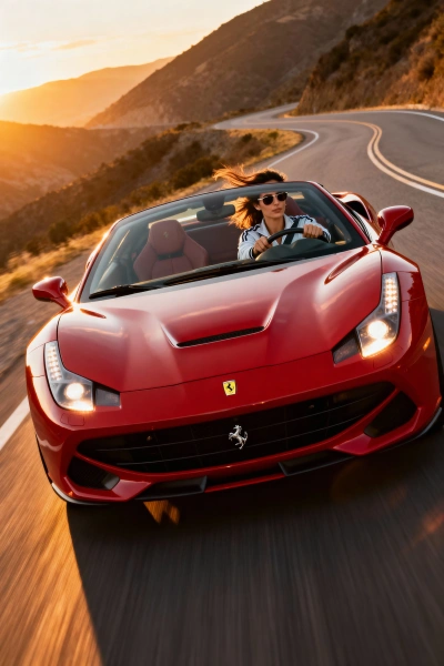 Red Ferrari on a road at sunset with a sense of speed