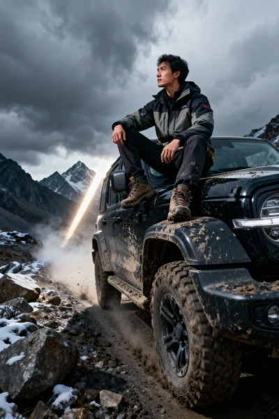 Black off road vehicle in the mountains with a person sitting on the hood
