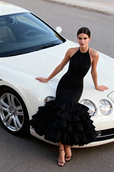 Model with a pearl white car in a premium ad style