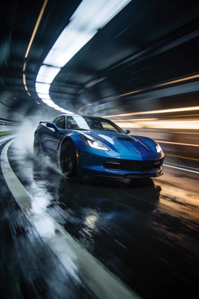 Blue sports car on a wet curve with motion blur