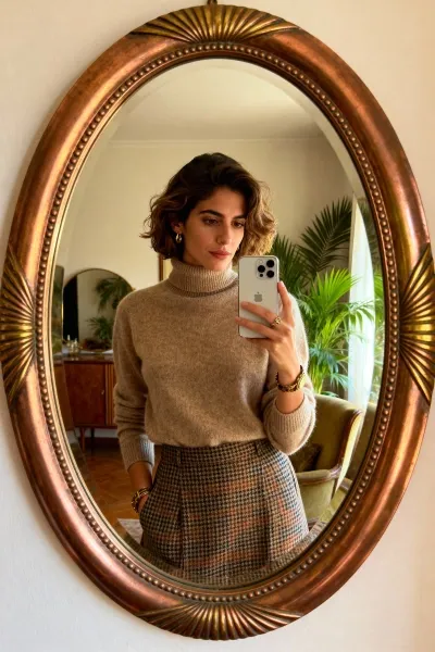 Woman with retro style taking a mirror selfie in vintage room
