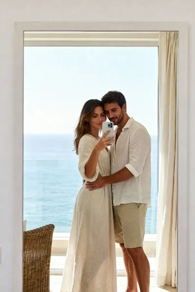 Couple taking vacation mirror selfie in seaside hotel