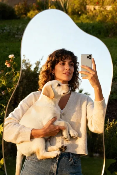 Woman holding dog taking garden mirror selfie with irregular mirror