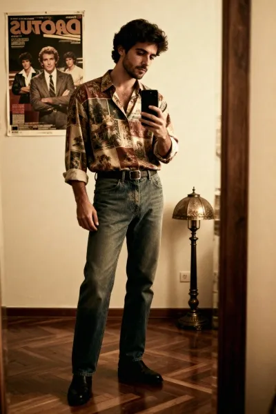 Man taking a retro mirror selfie with film grain aesthetic