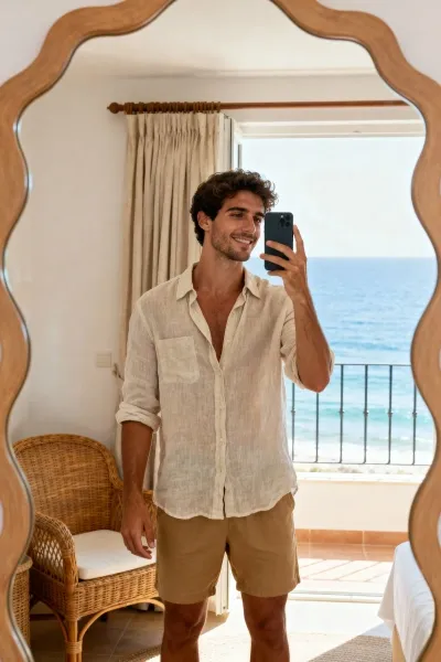 Man taking a vacation mirror selfie in hotel by the sea