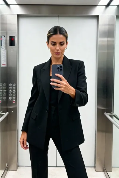 Woman taking a modern elevator mirror selfie in clean flash style