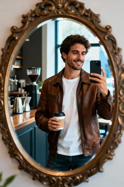 Man taking a coffee shop mirror selfie with coffee