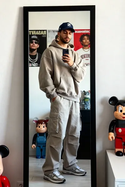 Man with urban look taking a mirror selfie in modern bedroom