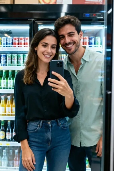 Couple taking a fun mirror selfie in store fridge reflection