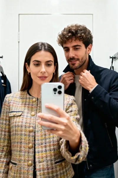 Couple taking a fitting room mirror selfie