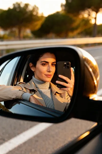 Woman taking a side mirror car selfie during golden hour
