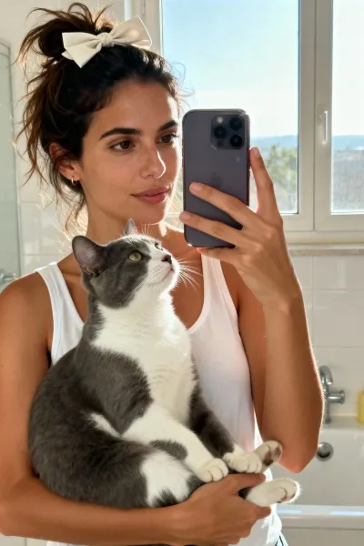 Woman holding cat taking bright bathroom mirror selfie