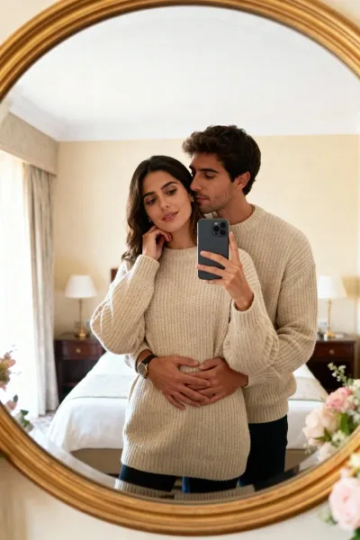Romantic couple taking half-body hotel suite mirror selfie