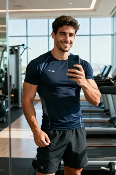 Man taking a gym mirror selfie with natural light